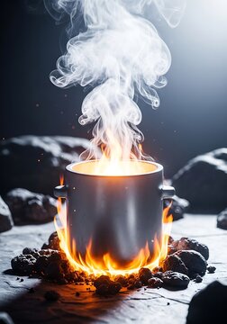 Steaming metal pot placed over an open campfire with glowing embers and smoke