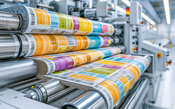 High-Tech Industrial Flexographic Printing Press Printing Logos on Cardboard Sheets in Factory