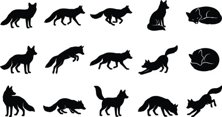 Fototapeta premium Collection of fifteen black fox silhouettes in various poses including walking, running, jumping, sitting, and sleeping on white background