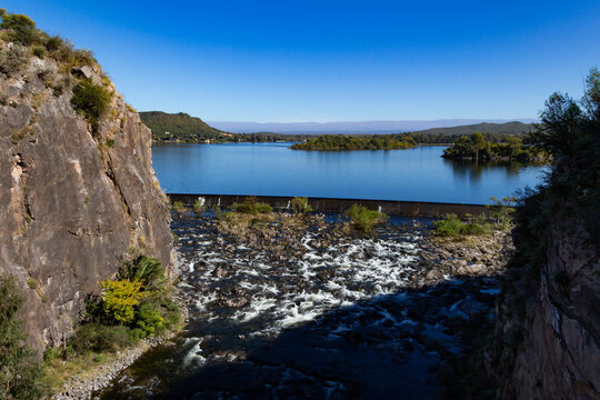 Embalse Dam Spillway and Mountain Scenery in Calamuchita, Cordoba