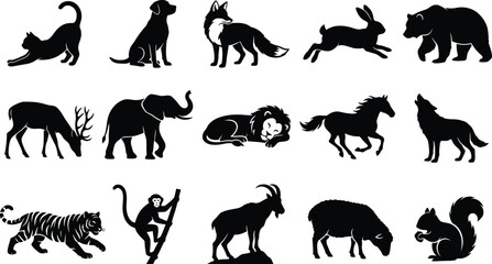 Obraz premium Fifteen black silhouettes of various animals including a cat, dog, fox, rabbit, bear, deer, elephant, lion, horse, wolf, tiger, monkey, goat