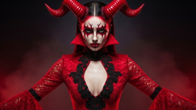 Woman with curved red horns and dramatic demonic makeup wearing a red lace costume against a dark background
