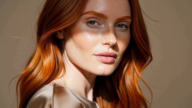 Red-haired woman slowly turns her head and shifts her gaze toward camera in tight beauty portrait, with freckles, flowing copper hair, satin beige top, and bands of warm light and shadow