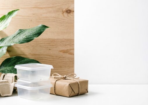 Plastic Food Containers And Paper Package On White Background With Plant, Eco Packaging Concept
