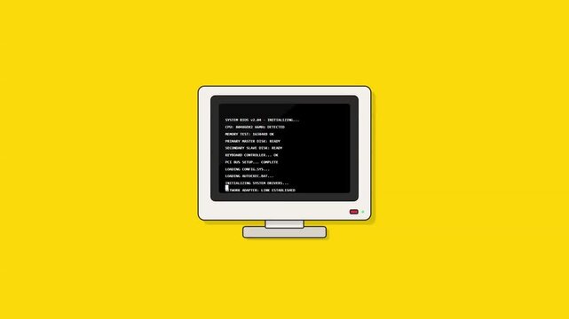 Retro animation of a vintage personal computer monitor displaying a system boot up sequence with command line text and BIOS initialization process isolated on a bright yellow background.