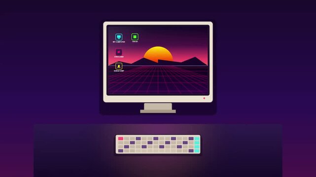 Retro 80s Synthwave Illustration of a Desktop Computer with Neon Grid Wallpaper, Stylized Keyboard, and Vibrant Sunset Aesthetic in Purple and Pink Colors for Nostalgic Technology Concept