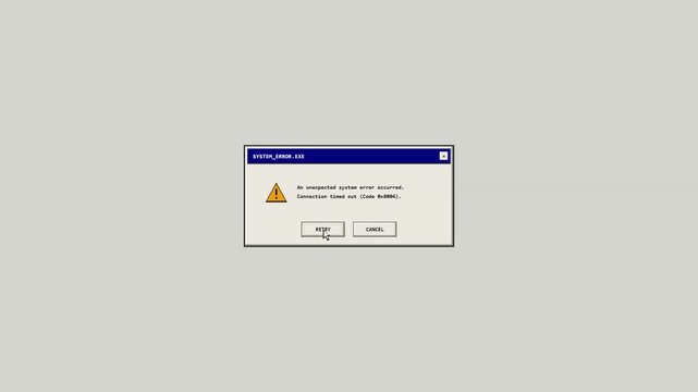 Retro 90s style computer operating system error message pop up window on screen with connection timed out notification and retry button for technology glitch or vintage software failure concept.