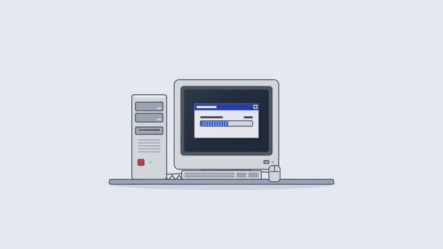 Minimalist retro computer illustration showing a system installation or data transfer process with a blue loading progress bar on a vintage CRT monitor screen in a flat design style.