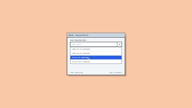 2D Animated Software Interface Window Showing a Dropdown Menu to Select Video Resolutions Including Full HD 1080p, 4K Ultra HD, and 8K Ultra for Content Creation and Digital Media Production