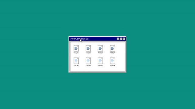 Retro Computer Desktop Interface with File Explorer Window and Document Icons on Teal Background, Vintage 90s Operating System Style Animation for Technology and Nostalgia Concepts