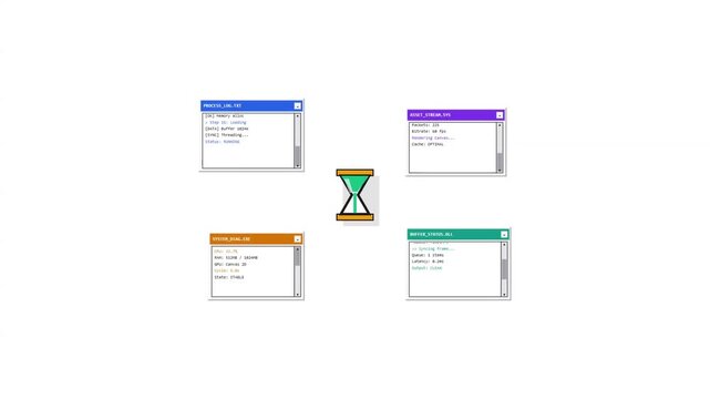 Conceptual representation of system processing and data monitoring featuring an animated hourglass icon surrounded by multiple server log windows on a clean white background for tech concepts.