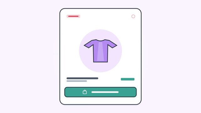 Flat animation of a mobile e-commerce product card interface featuring a purple t-shirt icon, minimalist layout with shopping bag button for online retail and digital marketing concepts.
