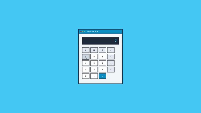 Flat 2D animation of a software calculator interface on a solid blue background with a mouse cursor clicking buttons to perform mathematical equations, financial accounting, and business analysis.
