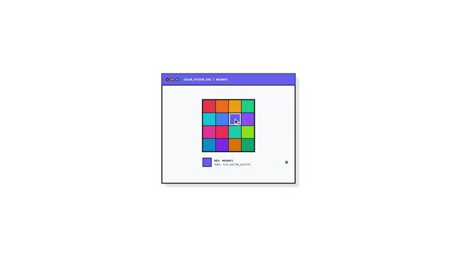 Minimalist Flat Design Color Palette Picker Animation Showing Interactive UI with Various Vibrant Hex Colors and Selection Tool for Graphic Designers and Web Developers on White Background