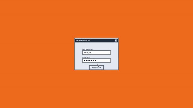 Retro pixel art animation of a computer security login window on a flat orange background, showing a user entering an admin access key and clicking the authenticate button for system entry.
