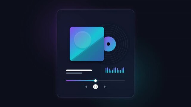 Minimalist and modern music player user interface design on a dark background featuring a stylized vinyl record with album cover, digital waveform equalizer, and playback control buttons.