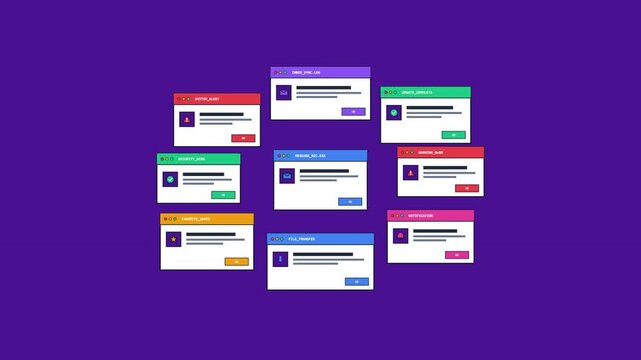 Multiple colorful system alert pop-up windows and notification boxes appearing on a purple background, representing software updates, error messages, data transfers, and digital communication.