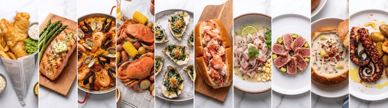 Gourmet seafood dishes collage featuring fish and chips, grilled salmon, seafood paella, crab boil, baked oysters rockefeller, lobster roll, ceviche, seared tuna, clam chowder, grilled octopus   