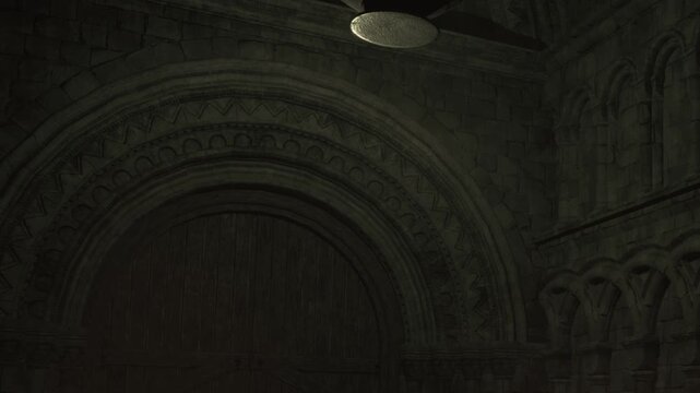 The scene shows a large stone archway with intricate patterns. A light fixture hangs above it, casting shadows. The surrounding atmosphere is dark, highlighting the texture of the stones.
