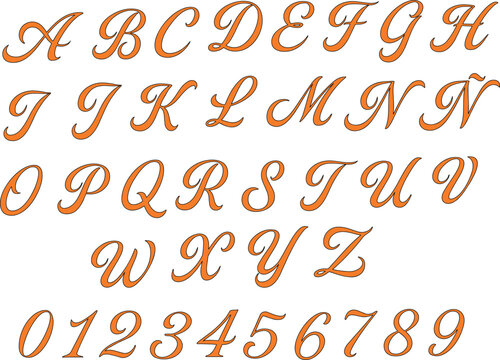 Elegant Orange Cursive Alphabet and Numeral Collection with Decorative Script Letters A to Z Featuring Stylish Outline Typography Design