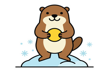Obraz premium Cute cartoon beaver holding a golden coin standing on a snowy ground patch