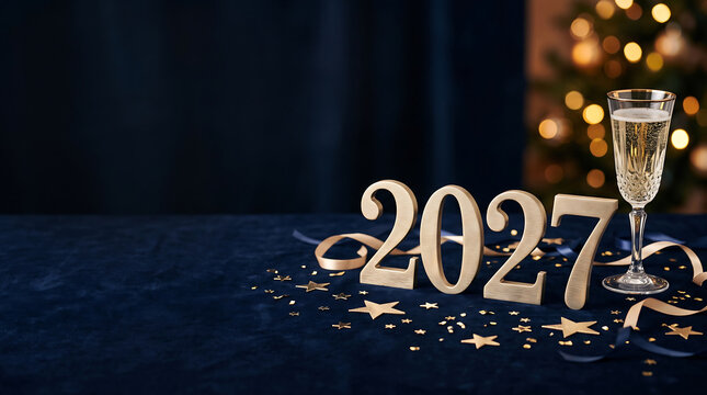 New year celebration with champagne and golden two thousand twenty seven