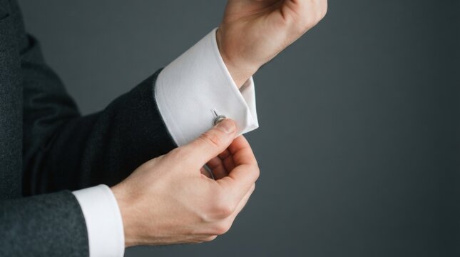 Man adjusting cufflinks on his suit sleeve, professional attire detail.