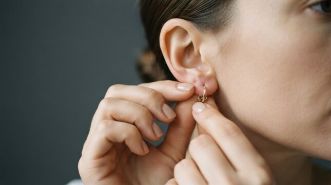 Womans Hands Attaching an Earring to Her Ear.