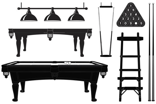Set of billiard room equipment featuring pool table balls cues and lights