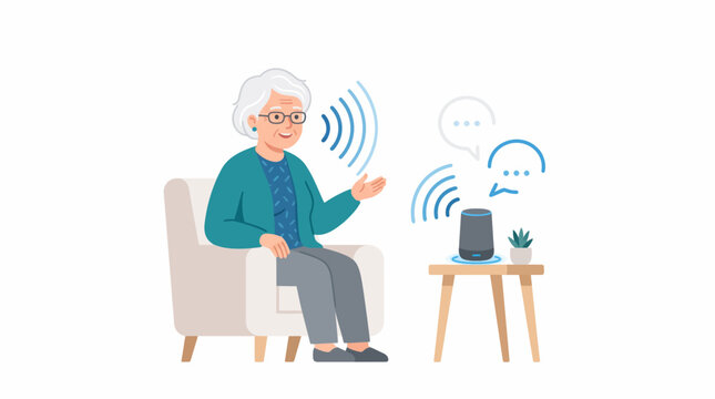 Elderly woman using a smart speaker with voice commands for assistance