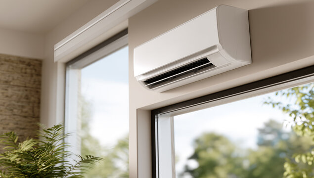 Modern white air conditioner mounted on a wall inside a bright room above a large window, blowing fresh cool air into a contemporary household interior.