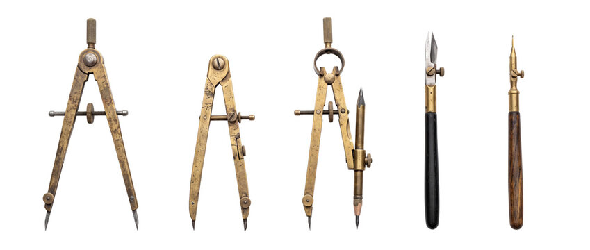 Vintage brass drafting compass set aligned on black background for architectural drawing, geometry, engineering design, antique technical drawing tools, historical precision measurement instruments