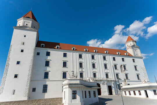 Landmark architecture castle in Bratislava, sightseeing. Historical landmark heritage monument. Bratislava Castle architecture. Historical landmark. Baroque classicist style architecture castle