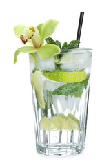 Refreshing cocktail in glass and orchid flower isolated on white © New Africa