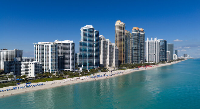 Landscape aerial Miami skyscraper architecture. Luxury skyscraper in Florida. Miami aerial cityscape. Miami city skyline, USA panorama. Aerial view on cityscape skyscraper