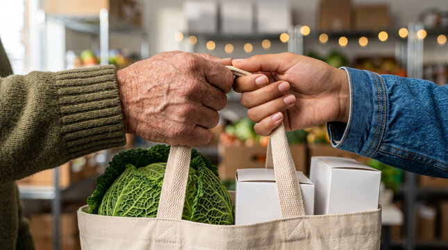 Volunteer hand gently passing reusable grocery bag to senior citizen against community food pantry backdrop