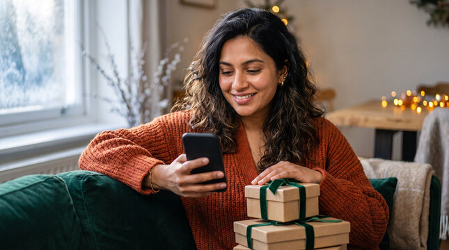 Cheerful young woman using smartphone next to wrapped gifts on sofa against cozy holiday living room backdrop