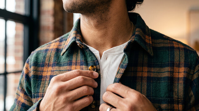 Casual young man carefully buttoning warm plaid flannel shirt against sunlit apartment window backdrop