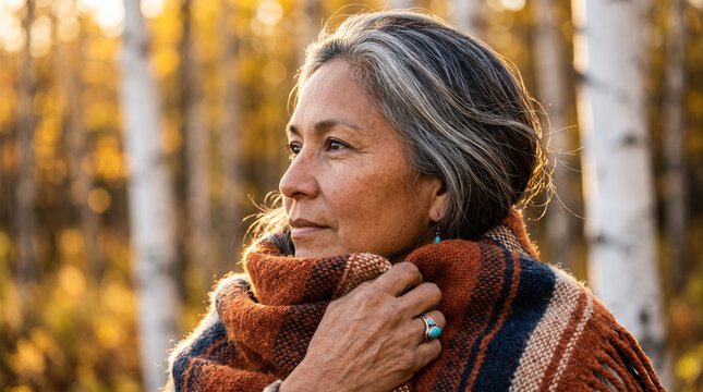 Contemplative mature indigenous woman with gray hair wrapping warm shawl against autumn birch forest backdrop