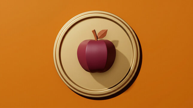 Stylized red apple on canning jar lid in warm tones for homemade apple butter against orange backdrop with copy space