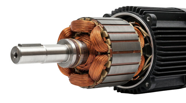 Closeup of an electric motor rotor with copper windings and metal laminations isolated on transparent background