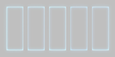 Obraz premium Set of transparent vertical glass panels with glowing blue edges. Futuristic neon acrylic plates on transparent background. Sci-fi UI display frames