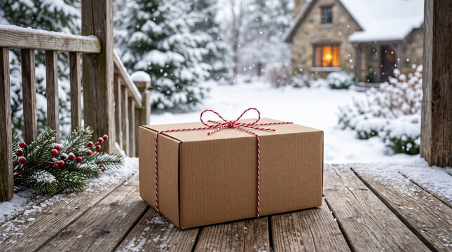 Cardboard gift box tied with red twine on wooden porch in rustic tones against snowy winter cottage backdrop