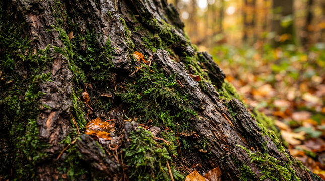 Textured tree trunk bark covered with green moss and fallen leaves in warm earthy tones against autumn forest backdrop