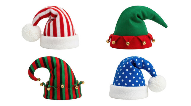 Four colorful festive elf and holiday hats isolated on transparent background