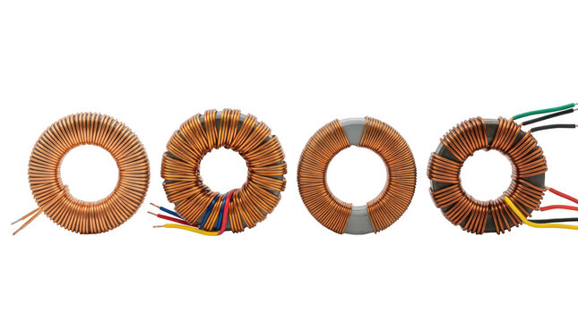Set of four toroidal inductors with copper wire windings isolated on transparent background