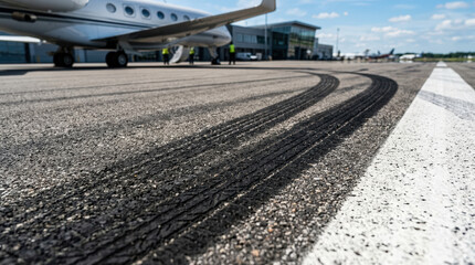 Fototapeta premium Close up of black aircraft tire skid marks on an asphalt runway. Blurred private jet and airport terminal in the background