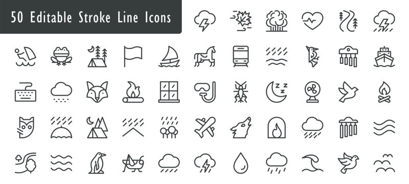 Minimalist 50 Editable Stroke Line Icons Set, Nature Weather Travel Vector Symbols, Outline Graphic Elements for Web Design
