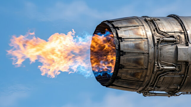 Close-up of a fighter jet engine exhaust firing a powerful afterburner flame. Military aviation technology and aerospace engineering concept