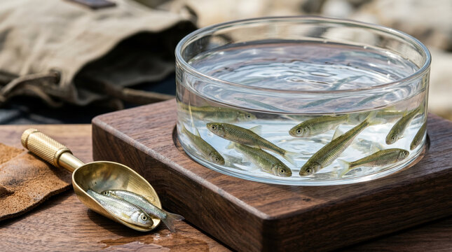 Live minnow fishing bait swimming in a clear glass bowl on a wooden base. Small fish in a brass scoop prepared for angling